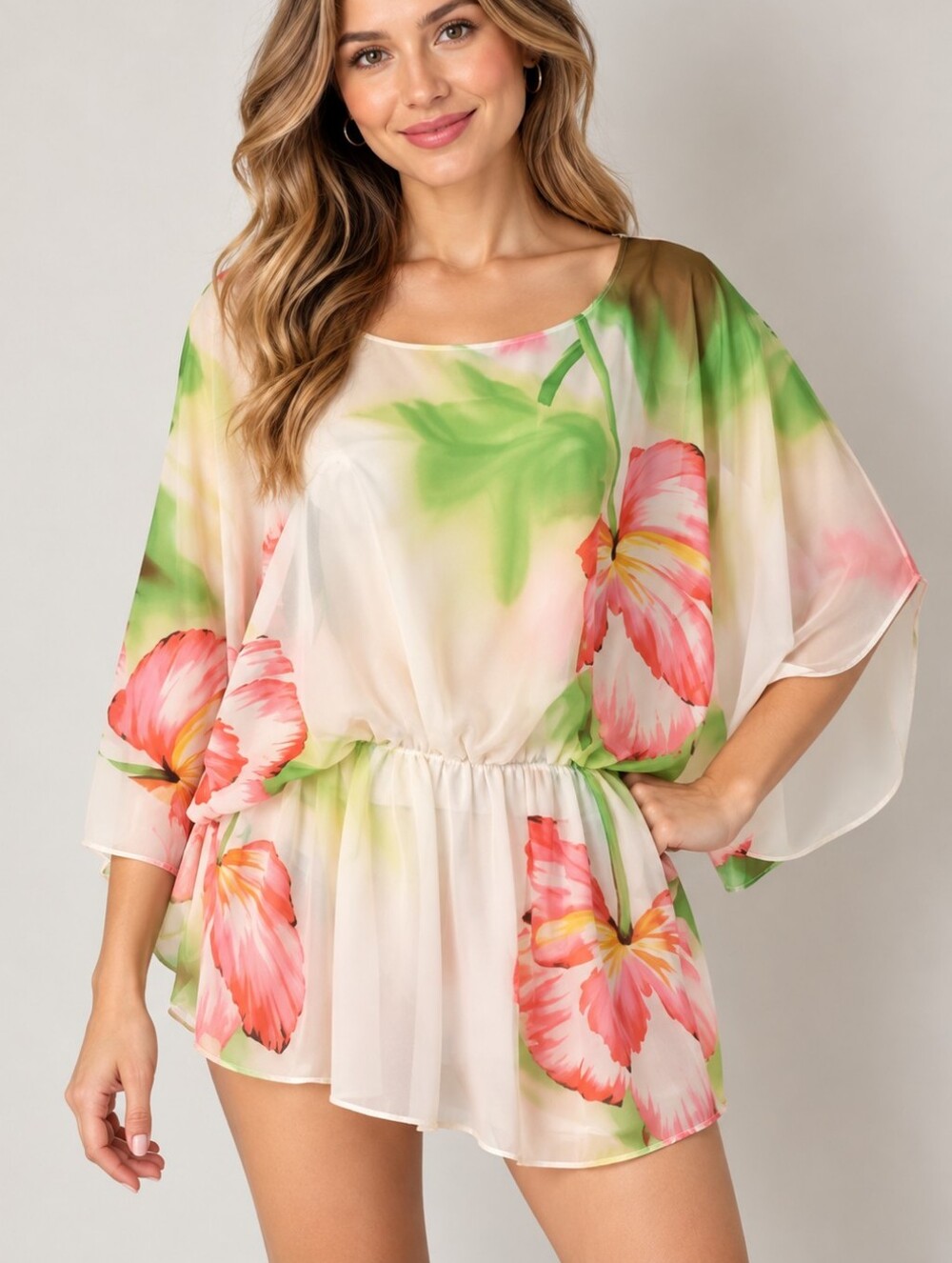 Vtg LE MODA Sheer Tropical Floral Peplum Cover-up Chiffon Dolman Sleeve Tiki Top